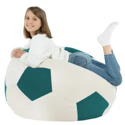 Fotoliu puf minge fotbal albastru, perfect pentru decorul tematic sportiv al camerelor copiilor
