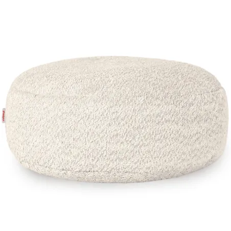 Fotoliu puf rotund din bouclé, textură moale și design modern