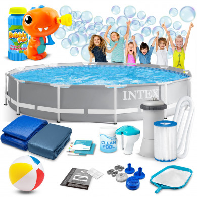 Piscină de grădină cu cadru metalic rotund 366 x 76 cm 16in1 INTEX 26712 + aparat cu bule GRATUIT