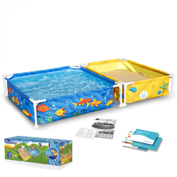 Piscina de grădină cu cadru de metal pentru copii cu cutie de nisip 213 x 112 x 30,5 cm Bestway 561CF.