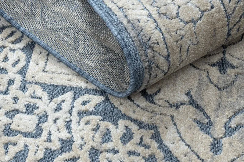 Dywan Strukturalny SOLE D3871 Ornament, ramka - płasko tkany niebieski / beż