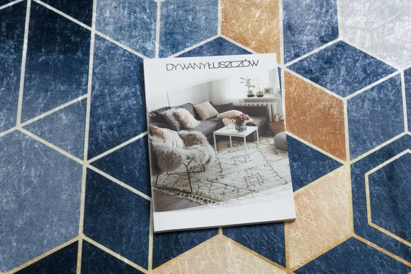Dywan do prania ANDRE 1216 Kostka, geometryczny antypoślizgowy - niebieski