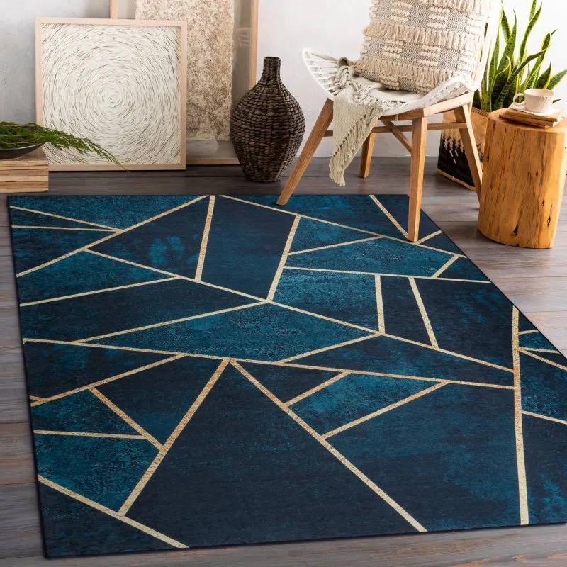 ANDRE 1173 covor lavabil mozaic, geometric anti-alunecare - turcoaz / aur