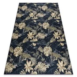 ANDRE 1311 covor lavabil Monstera pleacă, geometric anti-alunecare - negru / aur