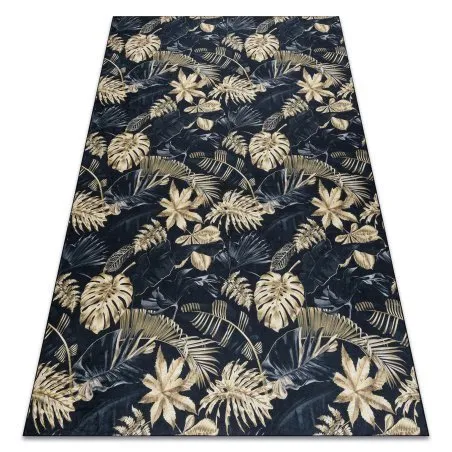 ANDRE 1311 covor lavabil Monstera pleacă, geometric anti-alunecare - negru / aur