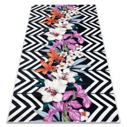 ANDRE 2300 covor lavabil flori, zig zag vintage anti-alunecare - fekete si alb