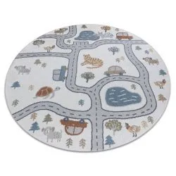 Covor BONO 8283 cerc Strada, animale crem / gri deschis