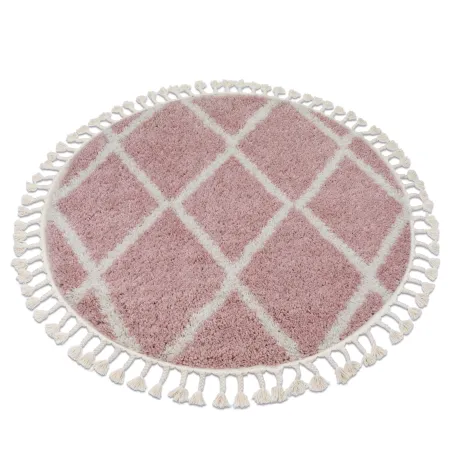 Covor rotund roz și alb cu franjuri berberi