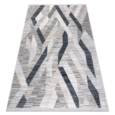 Covor modern REBEC albastru închis cu franjuri, design geometric, două niveluri de pile