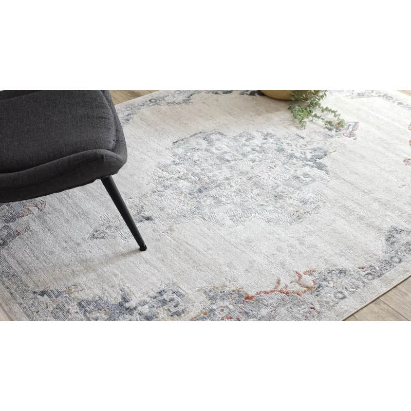 Covor DISTIN 0826A cu ornamente alb, albastru si verde deschis, stil modern