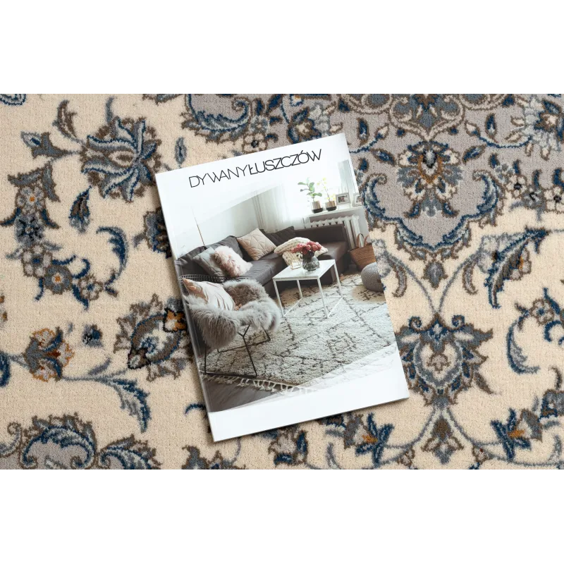 Covor NAIN Ornament Cadru Lână Bej/Albastru