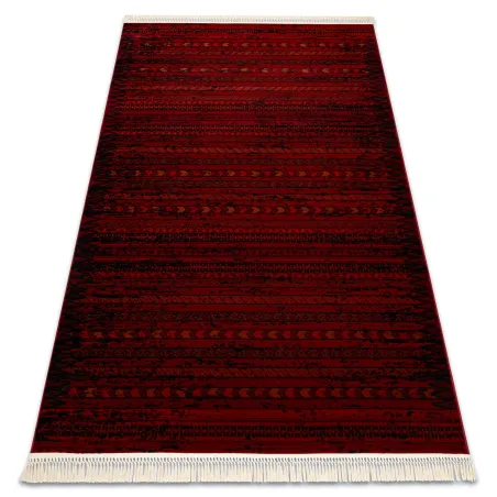 Covor geometric oriental burgund cu dungi negre și ciucuri, stil clasic