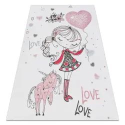 Covor BAMBINO 2644 cu unicorn, antiderapant pentru copii - alb / roz