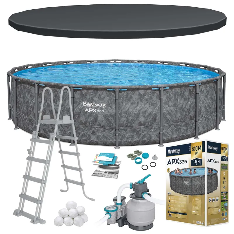 Piscină de grădină 610x132 cm 11 în 1, cadru solid pentru distracție în aer liber