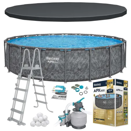 Piscină de grădină 610x132 cm 11 în 1, cadru solid pentru distracție în aer liber